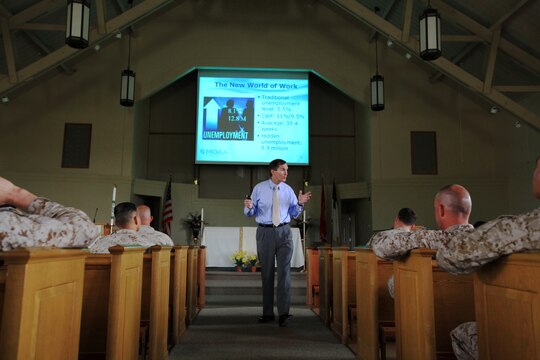 Jim Carman discusses wasys to help service members transition into the private sector at the Marketing Yourself presentation at the Marine Memorial Chapel on Camp Pendleton, May 15. Attendees learned from various job seeking skills ranging from developing a resume to interviewing and negotiating. Carman is the director for Transitions Services.