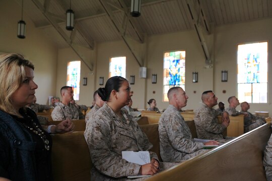 Marines, sailors and Department of Defense personnel listen to the presentation about transitioning from military to civilian work styles at the Marketing Yourself presentation at the Marine Memorial Chapel on Camp Pendleton, May 15. The presentation showed different stratigies and tactics for building relations and interviewing for a job.