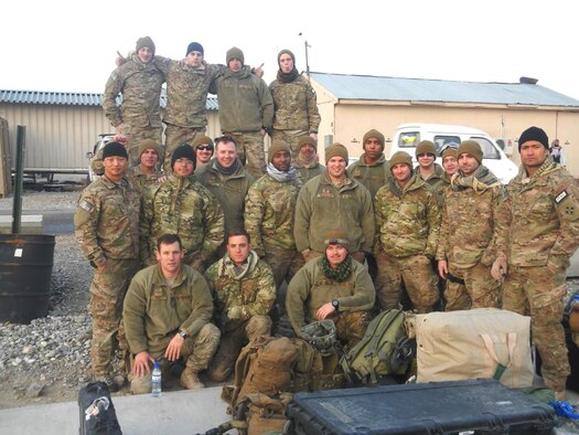U.S. Air Force Maj. Walter D. Gray (2nd row, far left) stands with his men for a group photo in Afghanistan. Gray was killed in a suicide bomber attack in Kunar Province, Afghanistan, Aug. 8, 2012. (Courtesy Photo)
