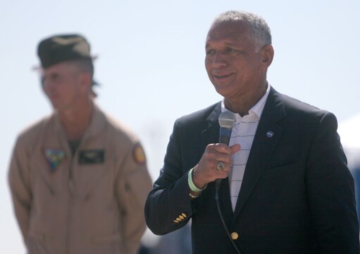 Retired Marine Maj. Gen. Charles F. Bolden Jr., current NASA administrator, addresses the crowd at the opening ceremony at the Marine Corps Air Station Miramar, Calif., 2012 Air Show Oct. 13. This year’s theme is Marines in Flight: Celebrating 50 years of space exploration.