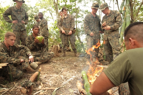 CROW VALLEY, Republic of the Philippines - Marines and Sailors with Company G., Battalion Landing Team 2nd Battalion, 1st Marine Regiment, 31st Marine Expeditionary Unit, consolidate around a fire, learning how to cook rice inside a bamboo trunk during a jungle survival class instructed by Philippine Marines here, Oct. 12. The event is part of the 29th iteration of the Amphibious Landing Exercise, designed to increase the interoperability of the forces and strengthen their long standing bond. The 31st MEU is the only continuously forward-deployed MEU and is the Marine Corps’ force in readiness in the Asia-Pacific region.
