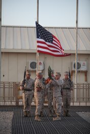 Brig. Gen. John J. Broadmeadow (right), commanding general of 1st Marine Logistics Group (Forward) and Sgt. Maj. William T. Sowers, Combat Logistics Regiment-15 sergeant major, case the 1st MLG (Fwd) unit colors during a transfer of authority ceremony, Sept. 10. During their approximate seven month deployment, members of 1st MLG (Fwd) provided exceptional tactical logistics support to the International Security Assistance Force Marine Air-Ground Task Force.