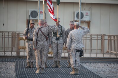 Col. Stephen D. Sklenka (right), commanding officer of Combat Logistics Regiment-15 and Sgt. Maj. William T. Sowers, CLR-15 sergeant major, salute the colors during a transfer of authority ceremony, Sept. 10. CLR-15 stands poised to provide the same range of logistics operations as its predecessor, ensuring the Marine Air-Ground Task Force remains mission-ready.