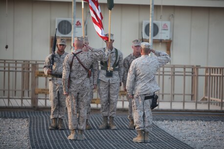 Col. Stephen D. Sklenka (right), commanding officer of Combat Logistics Regiment-15 and Sgt. Maj. William T. Sowers, CLR-15 sergeant major, salute the colors during a transfer of authority ceremony, Sept. 10. CLR-15 stands poised to provide the same range of logistics operations as its predecessor, ensuring the Marine Air-Ground Task Force remains mission-ready.