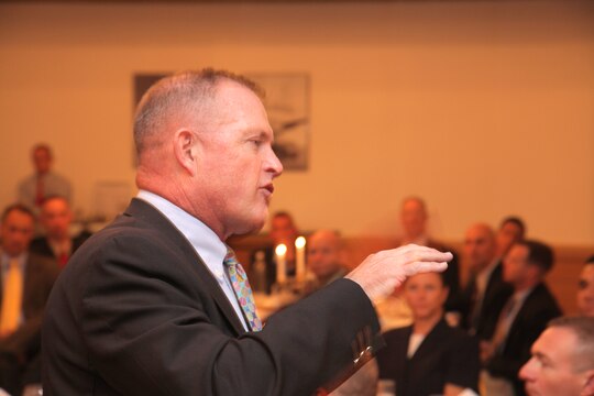 Maj. Gen. Raymond C. Fox, the Marine Forces Africa commander and guest of honor for the 2012 Theater Marine Conference professional dinner speaks to more than 100 conference attendees and officers and staff non-commissioned officers of MFE and MFA, in Sindelfingen, Germany, Sept. 19.  The 5th Annual TMC brought Marines stationed throughout Europe and Africa to come to MFE and MFA headquarters in Stuttgart, Germany, Sept. 18-20, to conduct annual training, and medical and dental screenings not readily available at their outlying duty stations.  Some attendees came as far away as Azerbaijan, Morocco, Kenya, Armenia and the United Kingdom.