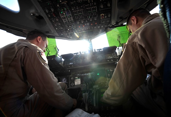U.S. Air Force Captains Dan Repko and Stephen Brown, C-17 Globemaster III pilots, 817th Expeditionary Airlift Squadron, perform pre-flight checklists before conducting a redeployment mission in Afghanistan, Sept. 12, 2012. Repko and Brown are deployed to Transit Center at Manas, Kyrgyzstan, and they frequently conduct airlift and transport missions into Afghanistan in support of redeployment operations. Redeployment is the result of the success of the transition process and the return of control of territory to the Afghan people. Redeployment is the natural outcome of successful transition to an Afghan lead for security.  
(U.S. Air Force photo/Staff Sgt. Clay Lancaster/ Released) 