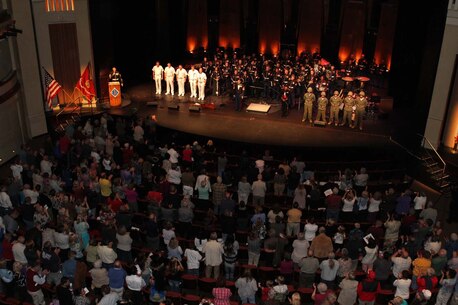 The 1st Marine Division Band and the U.S. Navy Band bluegrass group, "Country Currents", perform during a concert at the California Center for the Arts Escondido, April 24.