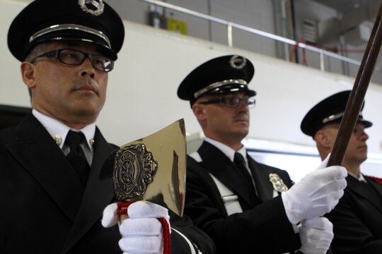The Camp Pendleton Fire and Emergency Honor Guard present their colors during the dedication ceremony of Pendleton’s Fire Station 10 in honor of Sgt. Brian E. Dunlap here April 6. Dunlap was an advisor for the Iraqi Army and firefighter with the Camp Pendleton Fire Department and in 2005 and was killed by an improvised explosive device while conducting combat operations against enemy forces in Abu Fleiss, Iraq.