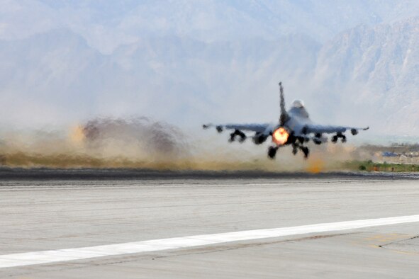An F-16 Fighting Falcon deployed from Shaw Air Force Base, S.C., takes off from Bagram Airfield, Afghanistan, April 6, 2013. The mission of the F-16 here is to provide tactical air-to-air and air-to-ground support for Operation Enduring Freedom. (U.S. Air Force photo/Senior Airman Chris Willis)