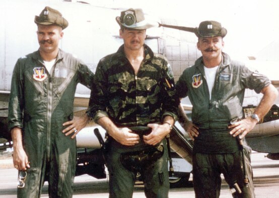 469th TFS pilots Capts. Bruce Holmes, (left to right) Will Koenitzer and William "Bart" Barthelmas. Barthelmas was killed in action on July 27, 1965, on the first Air Force airstrike against North Vietnamese surface-to-air missile sites. (U.S. Air Force photo)