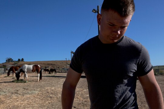 Lance Cpl. Eithan Osborne volunteered his time to remove horse manure from the during the Single Marine Program’s volunteer event at the Stepp Stables here April 17. Osborne is a flight line mechanic with Marine Light Attack Helicopter Squadron 469 here.
