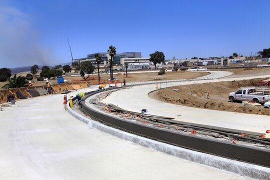 Contractors construct a ramp network at the main gate here to alleviate traffic at the intersection of Camp Del Mar and Lincoln Housing. A temporary intersection will be constructed May 3 through 5 for motorists to use during the construction of an overpass that is scheduled to begin May 6.