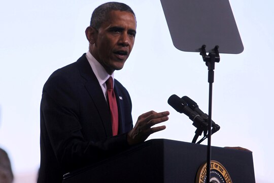 Commander in Chief, Barack Obama, addresses service members at the Marine Corps Air Station Camp Pendleton Aug.7. Obama spoke about the importance of the Marine Corps maintaining their amphibious roots as they withdraw from the war in Afghanistan.