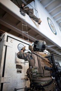 Marines with the Force Reconnaissance Platoon, Maritime Raid Force, 31st Marine Expeditionary Unit, climb a caving ladder to improve their speed here, Aug. 10. The training is in preparation for a Visit, Board, Search and Seizure operation as part of the unit’s Certification Exercise. The 31st MEU is the Marine Corps’ force in readiness in the Asia-Pacific region and is the only continuously forward deployed MEU. 