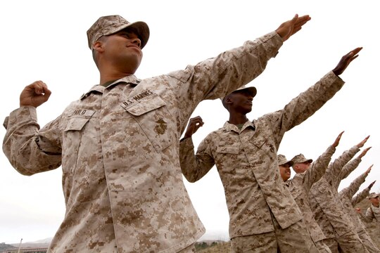 Lance Cpl. Juan Pablo and seven other Marines respond to the command “prepare to throw,” given during training at Range 109 here. Twenty-four Marines with Marine Air Support Squadron 3 of 3rd Marine Aircraft Wing here conducted live-fire grenade training here. Pablo is an air support operator with the support squadron here. 