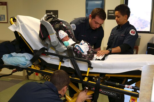Emergency medical technicians began their process of relocating patients by securing an infant’s car seat to a gurney for transportation. The Naval Hospital Camp Pendleton facility, built in 1969, was officially decommissioned, requiring patients to be relocated to Pendleton’s, recently built, 500,000-square foot replacement hospital Dec. 14. The four-floor building cost $456 million and took more than three years to construct.