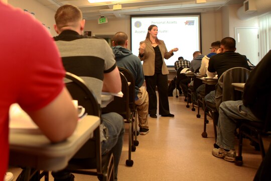 Service members transitioning out of the military attend the Goals, Plans, Success course aboard Camp Pendleton, Calif., Jan. 29. The course teaches the soon-to-be civilians about building a resume, benefits from the Veterans Administration, and strategizing for their future. 