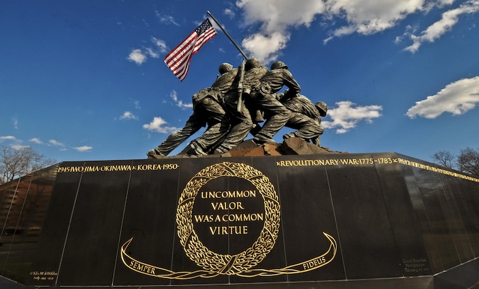 The Marine Corps War Memorial, also called the Iwo Jima Memorial, is a military memorial statue outside the walls of the Arlington National Cemetery, in Arlington, Va. The memorial is dedicated to all personnel of the United States Marine Corps who have died in the defense of their country since 1775.