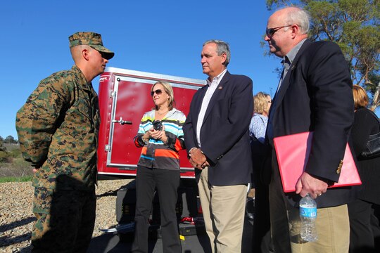 Sgt. Anthony A. Arriaga, a patient at Wounded Warrior Battalion West, shares his story to members the Congressional Delegation about how he was shot and injured by a sniper in Marjah, Afghanistan during their visit to the base, Feb. 16.