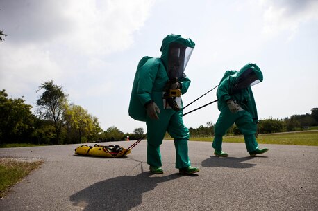 Chemical, biological, radiological, nuclear defense specialists with the 31st Marine Expeditionary Unit drags a Royal Thai Marine, role playing as a casualty, during bilateral assessment consequence management training as part of exercise Cobra Gold 2013, here Feb. 19. Exercises such as Cobra Gold allow the 31st MEU to collaborate with partner countries to achieve mutual security goals, addresses shared concerns, and continue to develop and enhance relationships. The 31st MEU is the only continuously forward-deployed MEU and is the Marine Corps’ force in readiness in the Asia-Pacific region.