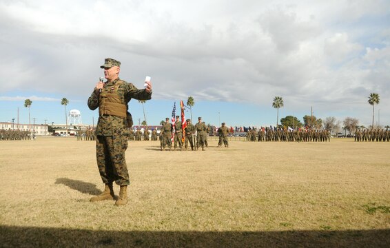 The transfer of authority at a relief and appointment ceremony for Yuma-based Marine Aviation Logistics Squadron 13 took place at the parade deck at Marine Corps Air Station Yuma, Feb. 11. Sgt. Maj. Robert Pullen, a native of Bruno, Idaho, thanked everyone in attendance and shared some words of wisdom for his Marines. "I tell this to every new Marine we get - Be as well rounded as you can, be dynamic," said Pullen at the ceremony. "And always do the right thing."