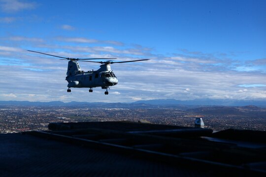 A CH-46 Sea Knight with Marine Medium Helicopter Training Squadron 164 "Knight Riders," performs a pre-graduation flight just outside Marine Corps Air Station Camp Pendleton, Calif., Feb. 20. For nearly 48 years, this aircraft commanded the skies according to Maj. Gen. Steven Busby, commanding general of 3rd Marine Aircraft Wing.