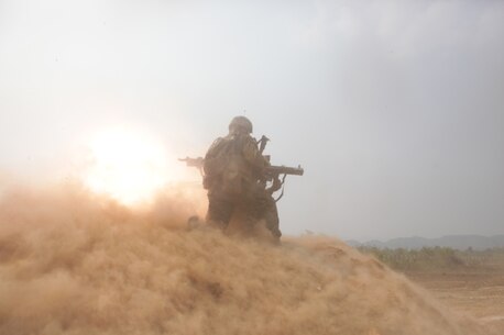 Marines with Weapons Company, Battalion Landing Team 1st Battalion, 5th Marine Regiment, 31st Marine Expeditionary Unit, fire a Shoulder-Launched, Multipurpose Assault Weapon at a notional enemy stronghold during a combined-arms live-fire exercise here, Feb. 21. CALFEX blends U.S. and Royal Thai forces in a live-fire combat simulation, with success dependant on the interoperability of both nations. Exercise Cobra Gold, now in its 32nd iteration, strengthens interoperability between the U.S. and Thailand and enhances the ability to respond to regional crisis. The 31st MEU is the only continually forward-deployed MEU and is the Marine Corps’ force in readiness in the Asia-Pacific region.