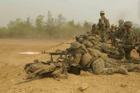 Marines with Alpha Co. and Weapons Co., Battalion Landing Team 1st Battalion, 5th Marine Regiment, 31st Marine Expeditionary Unit, fire various weapon systems at a notional enemy encampment during a combined-arms live-fire exercise here, Feb. 21. CALFEX blends U.S. and Royal Thai forces in a live-fire combat simulation, with success dependant on the interoperability of both nations. Exercise Cobra Gold, now in its 32nd iteration, strengthens interoperability between the U.S. and Thailand and enhances the ability to respond to regional crisis. The 31st MEU is the only continually forward-deployed MEU and is the Marine Corps’ force in readiness in the Asia-Pacific region.
