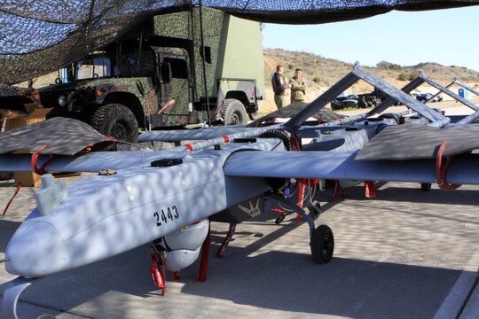 Marine Unmanned Vehicle Squadron 4 prepares RQ-7B Shadows, unmanned aerial vehicles, for launch during a training exercise held here, Feb. 27.
The unit first launched the Shadow in 2010 while stationed in Yuma and have recently moved here.

