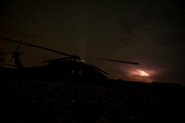 A UH-60 Black Hawk helicopter from the 3rd Platoon, C Company, 2-149 General Support Aviation Battalion Medical Evacuation, sits on the flight line after a mission, Forward Operating Base Orgun East, Paktika province, Afghanistan, May 14, 2013. MEDEVAC teams specialize in moving and treating U.S. and coalition forces who are injured and risk dying without immediate emergency care. (U.S. Air Force photo/Staff Sgt. Marleah Miller)