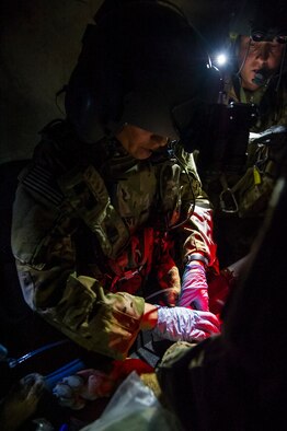 U.S. Air Force Maj. Sandra Nestor, tactical critical care evacuation team nurse, 3rd Platoon, C Company, 2-149 General Support Aviation Battalion Medical Evacuation, inserts an IV into a sick military working dog to treat for dehydration during a mission, Super Forward Operating Base, Afghanistan, May 14, 2013. MEDEVAC teams specialize in moving and treating U.S. and coalition forces who are injured and risk dying without immediate emergency care. (U.S. Air Force photo/Staff Sgt. Marleah Miller)