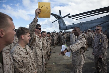 Master Sgt. Steven Covington, the communications chief for the command element, 31st Marine Expeditionary Unit, and native of Juliet, Ill., leads accountability during an abandon ship drill here, July 3. The abandon ship drill ensures the Marines and Sailors know the location of their gathering point and their assigned life raft in case of emergency. The 31st MEU is the only continuously forward deployed MEU and is the Marine Corps’ force in readiness in the Asia-Pacific region.