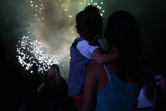 Family and friends watch the fireworks show at Del Mar Beach here during the Fourth of July Beach Bash. The daylong event featured live entertainment, free give-aways, a military tribute video and concluded with fireworks.

