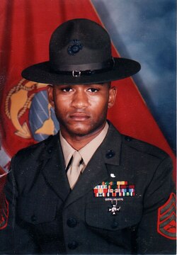 Sgt. Maj. Derrick Christovale takes his drill instructor photo at the Marine Corps Recruit Depot San Diego where he served between April 1992 and July 1994.