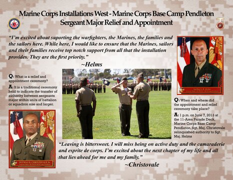 A relief and appointment ceremony was held for the transfer of authority of senior enlisted advisor Sgt. Maj. Derrick Christovale to Sgt. Maj. Scott Helms at the 11-Area Parade Deck here June 7.