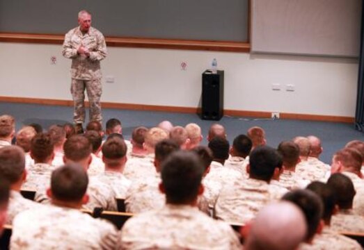 Lt. Gen. Kenneth Glueck, Jr., commanding general, III Marine Expeditionary Force, speaks to the Marines of Lima Company, 3rd Battalion, 3rd Marine Regiment, Marine Rotational Force – Darwin, at the Rowell Centre, here, May 28. Glueck flew to Australia to visit MRF-D Marines and tour surrounding military facilities.
