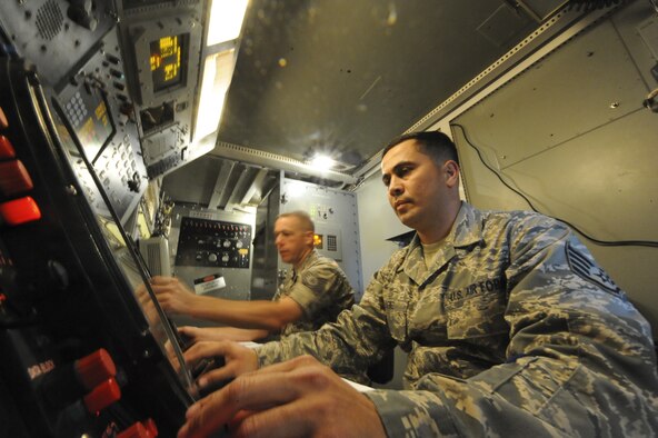U.S. Air Force Staff Sgt. Kermit Perez, right, and U.S. Air Force Tech. Sgt. Scott Aysenne, radar maintenance technicians with the 727th Expeditionary Air Control Squadron man the ground control system for an AN/TPS 75 radar at an undisclosed location in Southwest Asia June 6, 2013. The 727th EACS consists of the 255th Air Control Squadron from Gulfport, Miss., with augmentation from eight Air National Guard units and an Air Defense Artillery Fire Control Officer/Assistant team from 69th Air Defense Artillery Brigade, Fort Hood, Texas.  The 255th ACS has deployed four times in support of contingency operations overseas in the past ten years. (U.S. Air Force photo by Senior Airman Jacob Morgan)