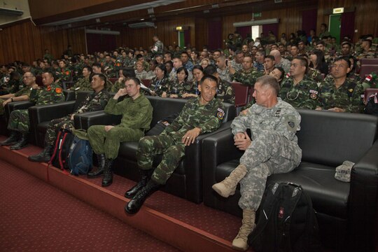 Representatives from various Asia-Pacific nations attend a medical symposium during the Association of Southeast Nations Defence Ministers Meeting-Plus ASEAN Humanitarian Assistance/Disaster Relief and Military Medicine Exercise hosted by Brunei Darussalam June 12 at Berakas, Brunei. More than 1,800 multinational personnel from 18 Asia-Pacific nations are participating in the ASEAN exercise, which provides a platform for regional partner nations to address shared security challenges, strengthen defense cooperation, enhance interoperability and promote stability in the region. ASEAN is comprised of Brunei, Cambodia, Indonesia, Laos, Malaysia, Myanmar (Burma), Philippines, Singapore, Thailand and Vietnam. Non-ASEAN countries include Australia, China, India, Japan, New Zealand, Republic of Korea, Russia and the U.S. The exercise is scheduled from June 16 to 20. (U.S. Marine Corps photo by Lance Cpl. Allison Bak/Released)