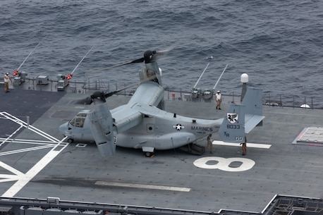 A MV-22B Osprey with Marine Medium Tiltrotor Squadron 161 sits aboard the JS Hyuga during exercise Dawn Blitz, June 14. Exercises like Dawn Blitz 2013 provide realistic relevant training necessary for effective global crisis response expected of the Navy and Marine Corps.