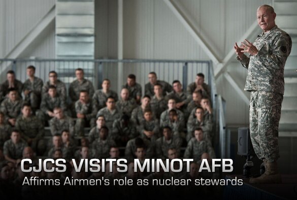 Army Gen. Martin E. Dempsey addresses Airmen during a town hall meeting June 17, 2013, at Minot Air Force Base, N.D. The Airmen are members of the 5th Bomb Wing and 91st Missile Wing. Dempsey is the chairman of the Joint Chiefs of Staff. (DOD photo/D. Myles Cullen) 