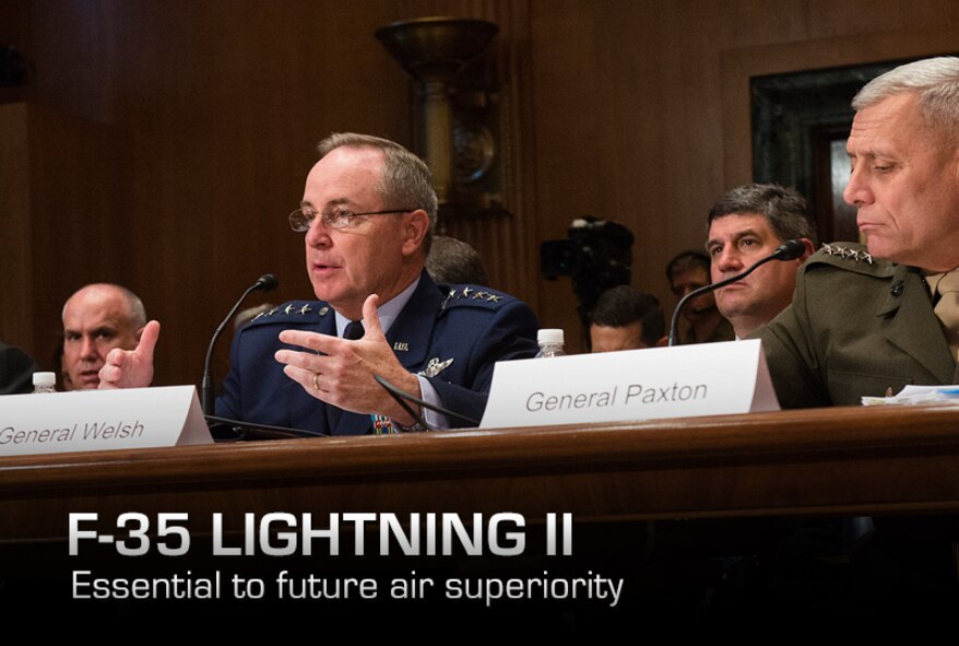 Air Force Chief of Staff Gen. Mark A. Welsh III (center) answers a question posed to him from a subcommittee member during a hearing of the Senate Appropriations Committee, Defense Subcommittee, on Capitol Hill, Washington, D.C., June 19, 2013.The subcommittee met to receive testimony on the F-35 Lightning II, joint strike fighter fiscal 2014 budget request. During the hearing, Welsh talked about the importance of the aircraft for national security and helping provide air superiority for joint operations. Along with Welsh providing testimony were: Frank Kendall, under secretary for Acquisition, Technology and Logistics; U.S. Navy Adm. Jonathan Greenert, chief of Naval Operations; Gen. John M. Paxton, Jr., assistant commandant of the Marine Corps; and Lt. Gen. Christopher C. Bogdan, the program executive officer for the Department of Defense's F-35 Lightning II Joint Program Office. (U.S. Air Force photo/Jim Varhegyi) 
