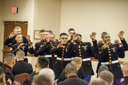 Marines of Marine Air Control Squadron 1 dance to Michael Jackson’s "Thriller" at the MACS-1 Mess Night on Marine Corps Air Station Yuma, Ariz., at the Sonoran Pueblo, June 7. The Mess Night is a Marine Corps tradition that brings a unit together for an evening of dining and camaraderie.