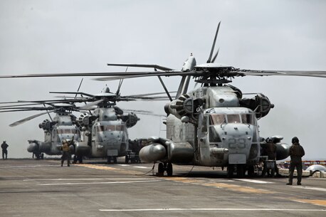 CH-53E Super Stallion helicopters from Marine Medium Helicopter Squadron 262 (Reinforced), 31st Marine Expeditionary Unit, await clearance for take-off from the flight deck here, March 14. The 31st MEU is currently deployed with Amphibious Squadron 11, conducting their semi-annual Certification Exercise. CERTEX is designed to test the MEU’s wide range of capabilities, ensuring their readiness for any contingency that may occur in the region. The 31st MEU is the Marine Corps’ force in readiness for the Asia-Pacific region and the only continuously forward-deployed MEU.