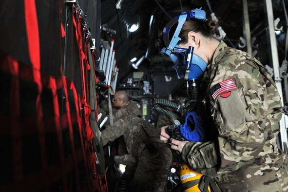 Capt. Rachel Hutchins, 455th Expeditionary Aeromedical Evacuation Squadron flight nurse, conducts checks on the emergency oxygen system on a C-130 Hercules on Bagram Airfield, Afghanistan, Feb. 21, 2013. The level of care that patients receive in the air is nearly identical to the care they receive at Craig Joint Theater Hospital on BAF. (U.S. Air Force photo/Senior Airman Chris Willis)