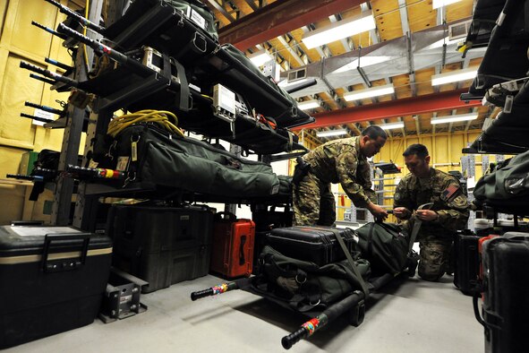 Tech. Sgt. Alejandro Rojas and Staff Sgt. Anthony Bradford, 455th Expeditionary Aeromedical Evacuation Squadron technicians, perform an equipment check before a mission on Bagram Airfield, Afghanistan, Feb. 21, 2013. The 455th EAES perform their missions on fixed wing aircraft, including the C-17 Globemaster III, C-130 Hercules and KC-135 Stratotanker, and can provide extensive critical care capability with the Critical Care Air Transport Teams. (U.S. Air Force photo/Senior Airman Chris Willis)