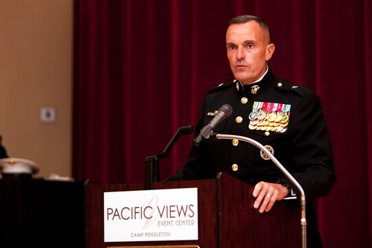 Brig. Gen. Vincent A. Coglianese gives a speech during the 68th annual Battle of Iwo Jima Commemoration ceremony at the Pacific Views Event Center here March 23. Coglianese is the base commanding general and regional authority for five Marine Corps installations in the southwestern United States.