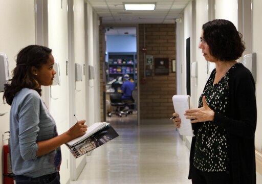 Sierra Andino, left, interviews Denise Rudy and asks about internship programs available to students at Palomar Community College. Andino is a student from Oceanside High School and Rudy the director of the Register Dental Program for Palomar Community College. The School-to-Career Program allowed Andino to get hands-on experience on what it is like to be a journalist. 