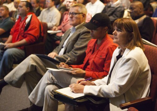 Small-business owners listen to presentations and take notes during the Small Business Outreach event hosted by Marine Corps Base Installations East and Naval Facilities Engineering Command at Coastal Carolina Community College March 19. The outreach event included question and answer sessions, remarks from local installations leaders and Naval Facilities Engineering Command, panels about new legislation, resources on the federal market, legal concerns, and trends in federal contracting.