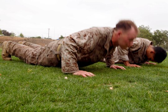 Two recon Marines perform calisthenic exercises during the 5th Annual Recon Challenge award ceremony here May 17. The challenge consisted of a 2,000-meter swim, calisthenics tests and other skill based events.
