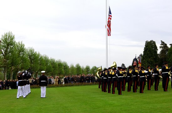 The firing-of-volleys by Marines from the 5th Marine Regiment during the Memorial Day ceremony at Aisne-Marne American Cemetery, May 26. To celebrate Memorial Day, and to mark the 95th anniversary of the historic Battle of Belleau Wood, U.S. Marines with their French counterparts gathered at Aisne-Marne American Cemetery to commemorate their fallen heroes, May 26. The event was held in the memorial cemetery that lies outside of the historic grounds of Belleau Wood and featured the laying of wreathes, a firing of volleys, the playing of TAPS, raising of the American and French national colors, and a concert by the French military band. The mayor of the village of Bellau along with other military officers and officials representing the U.S. and France were present. Participating units from the U.S. Marines included 5th Marine Regiment, Marine Security Guard Detachment, the Wounded Warrior Regiment and Marine Forces Europe and Africa. French units that participated in the ceremony included the 21st Marine Infantry Regiment and the Musique Principale des Troupes de Marines. 
